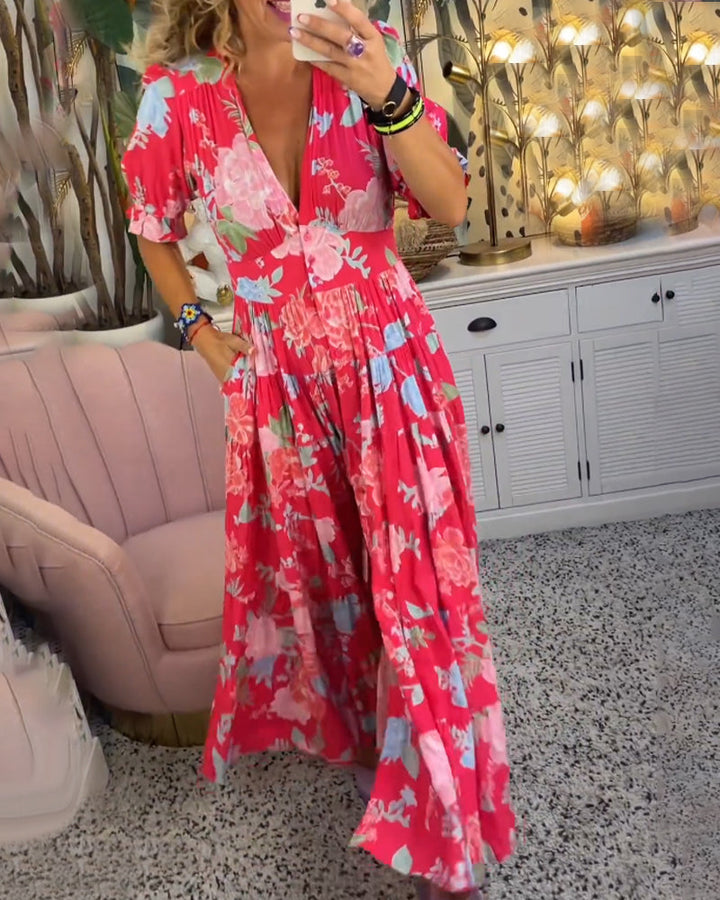Celeste Graceful Floral V Neck Dress