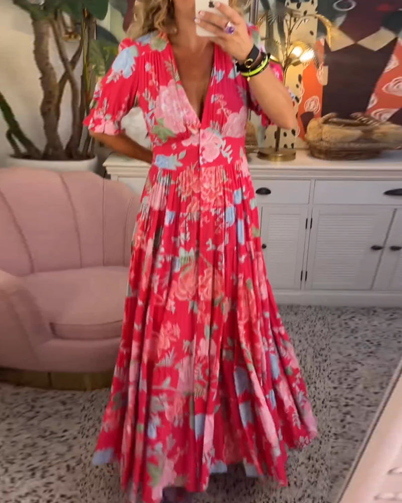 Celeste Graceful Floral V Neck Dress