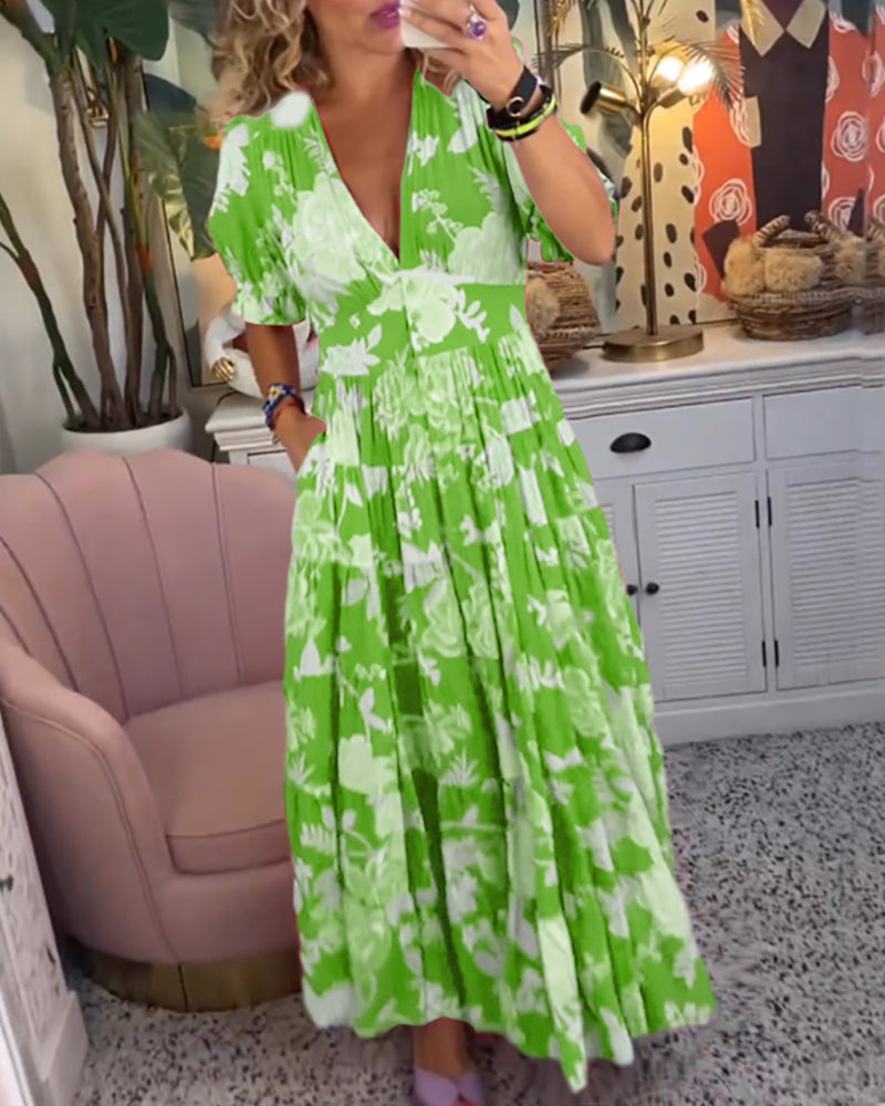 Celeste Graceful Floral V Neck Dress