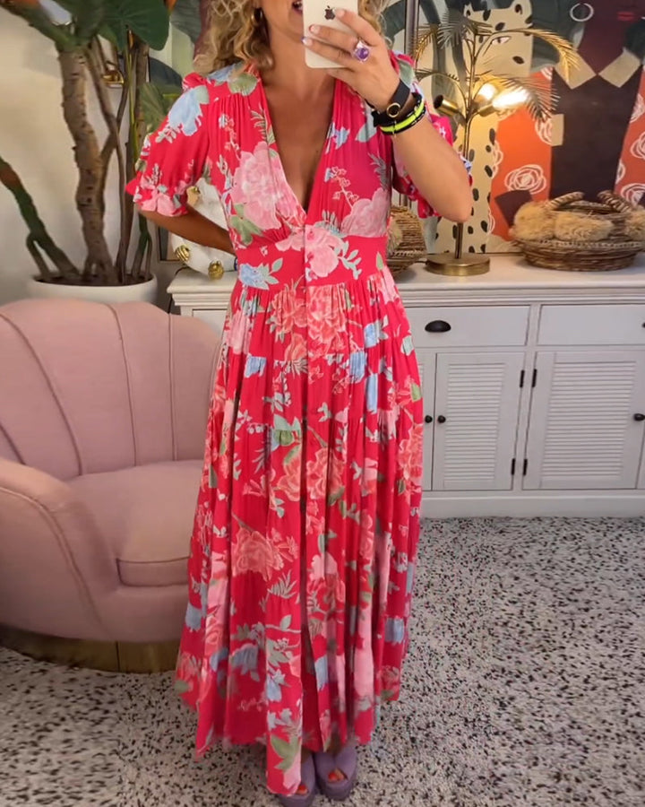 Celeste Graceful Floral V Neck Dress