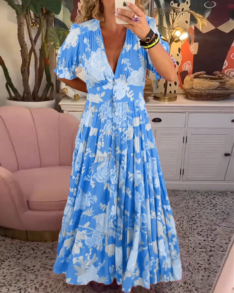 Celeste Graceful Floral V Neck Dress