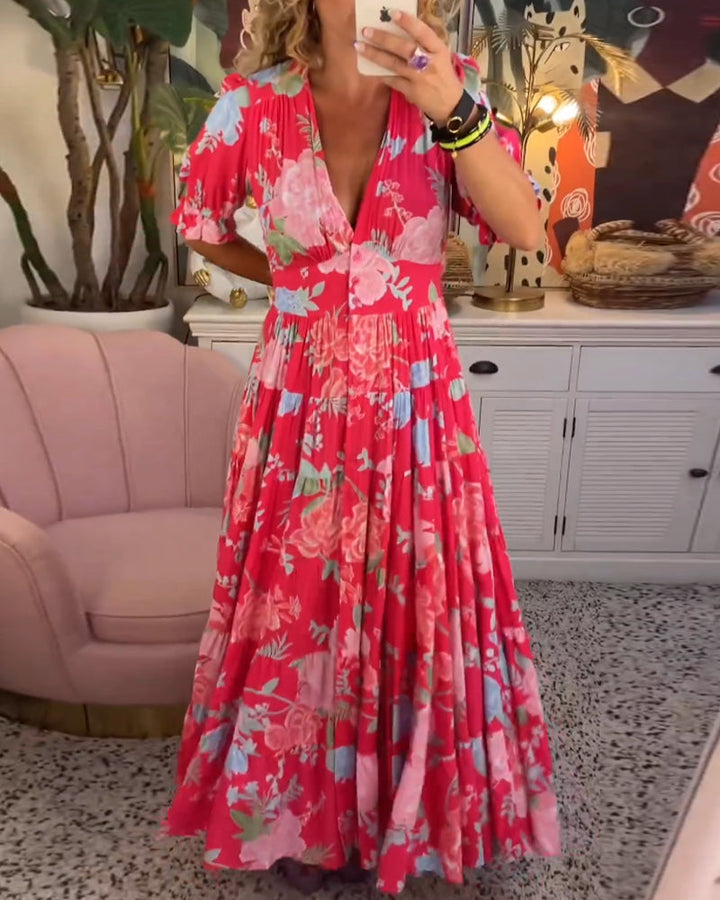 Celeste Graceful Floral V Neck Dress