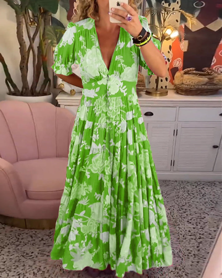 Celeste Graceful Floral V Neck Dress
