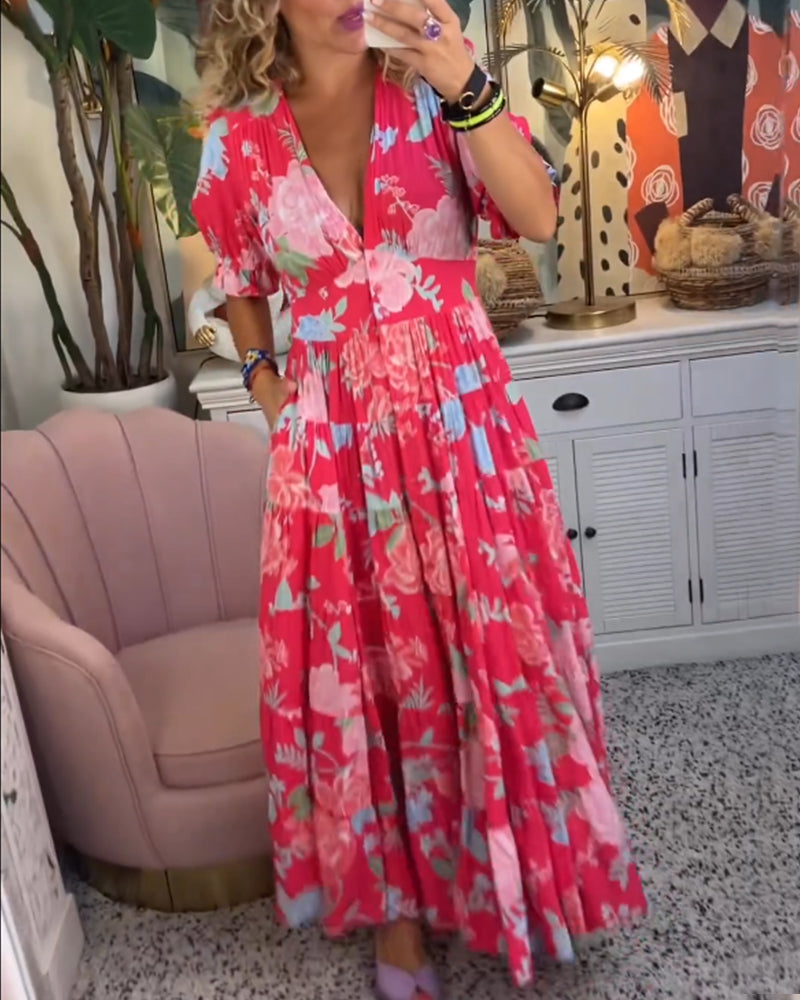 Celeste Graceful Floral V Neck Dress